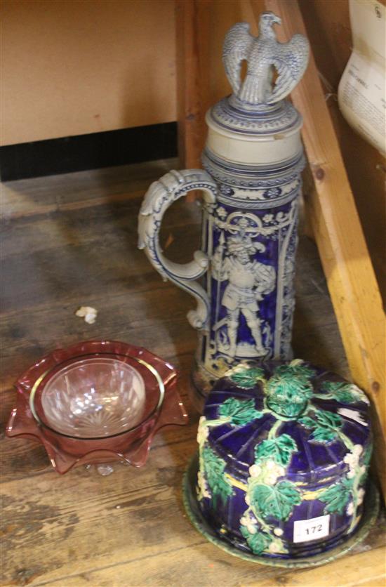 Majolica cheese dish, beer stein & cranberry glass